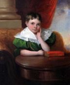 English School c.1820oil on millboard,Portrait of a boy seated at a drum table,9 x 7.5in.