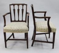A pair of 19th century mahogany Hepplewhite design open armchairs, with tapering spar backs, over-