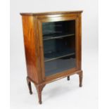 An Edwardian mahogany display cabinet, the top inset with a Tunbridge ware panel depicting a view of