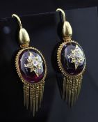 A pair of Victorian gold, cabochon almandine garnet and rose cut diamond set tassle drop earrings,