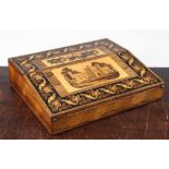 A Tunbridge ware rosewood 'Battle Abbey' mosaic writing slope, with mosaic lidded inkwells, 12in.