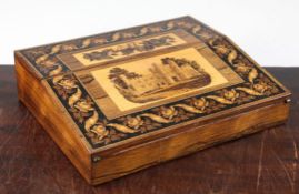 A Tunbridge ware rosewood 'Battle Abbey' mosaic writing slope, with mosaic lidded inkwells, 12in.