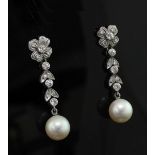 A pair of mid 20th century white metal, cultured pearl and diamond set drop earrings, of foliate