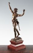 A late 19th / early 20th century brown patinated bronze of a classical hunter, with quiver of arrows