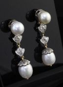 A pair of Victorian style cultured pearl and diamond drop earrings, each set with two pearls, two