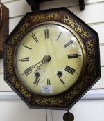 A 19th century Continental brass inset rosewood wall clock, with octagonal case and painted Roman