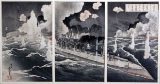 Ga Kyojin Matahari2 triptych woodblock prints,Japanese torpedo boats attacking a Russian war ship,