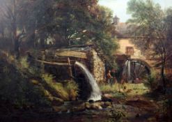 19th century English Schooloil on canvas,Figure beside a watermill,18 x 24.5in.