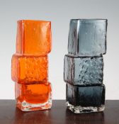 Two Whitefriars 'drunken bricklayer' vases, designed by Jeffery Baxter, in tangerine and indigo