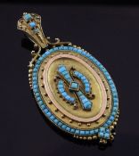 A Victorian Etruscan style gold and turquoise set oval pendant locket, with beaded and scroll