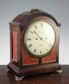 A George III brass mounted mahogany hour repeating bracket clock, with plain arched case, later