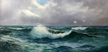 Daniel Sherrin (1868-1940)oil on canvas,Seagulls flying over waves,signed,20 x 40in.