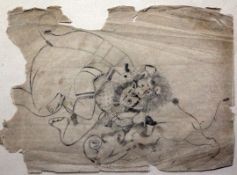 19th century Indian Schoolpencil on paper,Lion attacking an elephant rider,8.5 x 12in., unframed