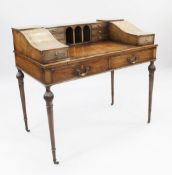 A George III design mahogany, amboyna and boxwood banded Carlton House desk, the superstructure with