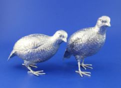 A pair of 1960's silver free standing models of grouse, by Edward Barnard & Sons, with textured