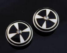 A pair of Victorian unmarked gold and diamond set checkered enamel circular buttons/studs, each
