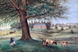 Captain J.F.Boxer (19th C.)watercolour,Naive landscape with farm workers, steam train and houses,