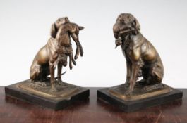 Ferdinand Pautrot (French 1832-1874). A pair of patinated bronze gun dogs, each holding game in it's