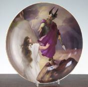 A Vienna style porcelain dish, late 19th century, painted with the titled figure 'Siegfried' and a