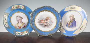 A Sevres outside decorated plate and two Sevres style plates, late 19th / early 20th century, the