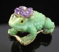 A gold mounted, green hardstone, amethyst and diamond set brooch, modelled as a toad, 1.75in.