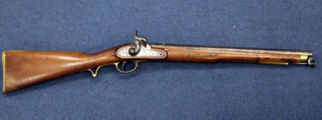 A Victorian percussion cavalry carbine, marked 1844, Enfield, with 20 inch barrel, the lockplate