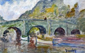 Ronald Dunlop (1894-1973)oil on board,Figure on a stone bridge,signed,10 x 15in.