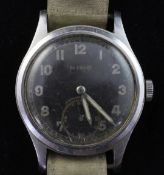 A 1940's stainless steel Swiss made Mimo German military issue wrist watch, with black Arabic dial