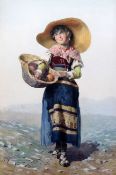 Domenico de Angelis (1852-1904)watercolour,Peasant girl carrying a basket of fruit,signed and