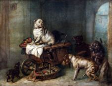 Attributed to George Armfieldoil on wooden panel,Dogs in a scullery,13 x 16.5in.