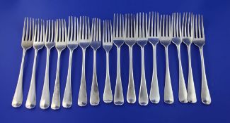 A harlequin set of sixteen 18th & 19th century Hanovarian pattern silver table forks, various