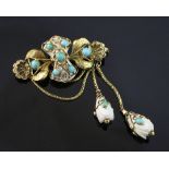 A late Victorian engraved 15ct gold, turquoise and white coral set brooch, of shaped oval form, with