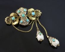 A late Victorian engraved 15ct gold, turquoise and white coral set brooch, of shaped oval form, with