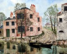Josselin Bodley (1893-1974)oil on canvas,Pink House on River,signed and dated 1936,13 x 16in.