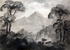 William Gilpin (1724-1804)ink and wash drawing,Cattle in a landscape,Studio stamp, Abbott & Holder