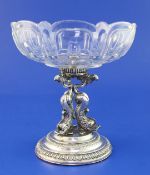 A 19th century German silver centrepiece, with tripod dolphin supports below a circular glass