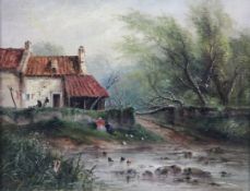 Sarah Louise Kilpack (fl.1880-1909)oil on canvas,Figures beside a duck pond,signed,14 x 18in.