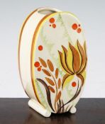 A Clarice Cliff bonjour shape vase, decorated with yellow and brown tulip style flowers, brown