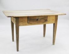 A Swiss walnut, oak and pine rectangular side table, with single frieze drawer, on square section