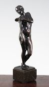 An early 20th century patinated bronze figure of Psyche, on a square marble plinth base, probably