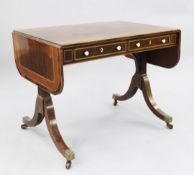 A George III mahogany sofa table, with satinwood and ebony line inlays, two drawers opposing two