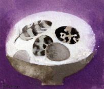 § Mary Fedden (1915-2012)gouache and watercolour,Birds eggs and feathers in a bowl on mauve,signed