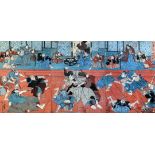 Yoshitoratriptych woodblock print,Scene from the play Sendai-Hagi, c.1848,14 x 29in.