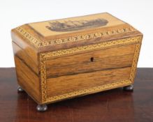 A Victorian rosewood Tunbridge ware tea caddy, the lid with a view of a castle, with two division