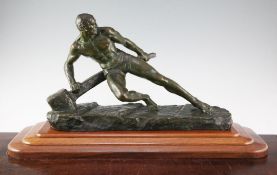 Pierre Le Faguays. A patinated bronze figure of a man working a tiller, marked P. Le Faguays, and