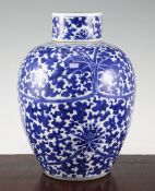 A Chinese blue and white ovoid jar and cover, 19th century, painted with lotus flowers, leaves and