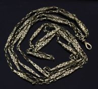 A 19th century gold guard chain, with pierced tapering box links, gross weight 20 grams, 49.5in.