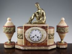 A French Art Deco ormolu and marble three piece clock garniture, the central architectural clock