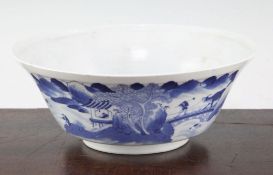 A Chinese blue and white bowl, 19th century, painted to the exterior with a fisherman, a farmer with