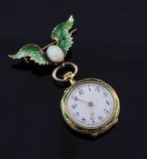 A lady's early 20th century Swiss 18ct gold, green guilloche enamel and diamond set fob watch,